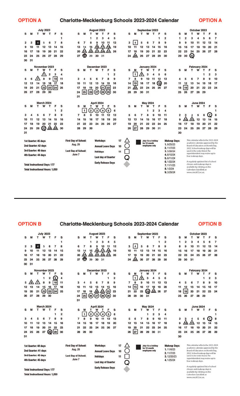 Academic calendar options for the 2023-24 school year. 